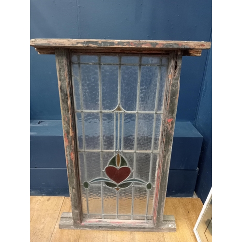 410 - A VINTAGE LEAD GLASS AND STAINED GLASS WINDOW in pine frame 122cm (h) x 81cm (w) x 13cm (d)