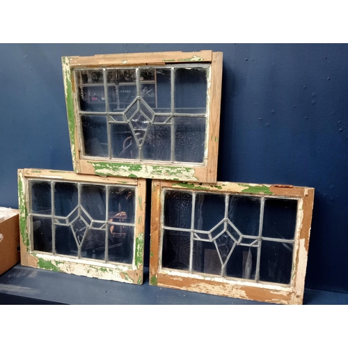 411 - THREE VINTAGE LEAD GLASS WINDOWS in pine frames 48cm (h) x 62cm (w) x 5cm (d)