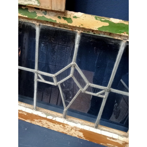 411 - THREE VINTAGE LEAD GLASS WINDOWS in pine frames 48cm (h) x 62cm (w) x 5cm (d)