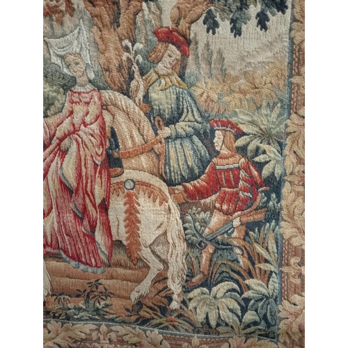 440 - A FRENCH NEEDLEWORK TAPESTRY depicting The Royal Hunt on fluted rail and knob finials 97cm (h) x 118... 