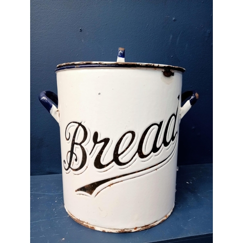 442 - A VINTAGE WHITE AND BLUE ENAMEL BREAD BIN of cylindrical form with carrying handle and lid inscribed... 