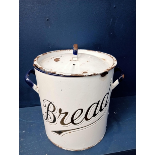 442 - A VINTAGE WHITE AND BLUE ENAMEL BREAD BIN of cylindrical form with carrying handle and lid inscribed... 