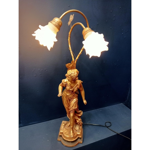 447 - A CONTINENTAL COMPOSITION GILT FIGURAL TABLE LAMP with scroll arms and frosted glass shades 77cm (h)... 