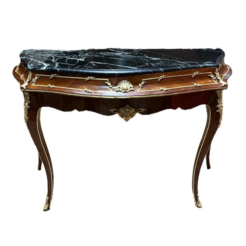 474 - A CONTINENTAL KINGWOOD GILT BRASS MOUNTED AND MARBLE CONSOLE TABLE of serpentine outline surmounted ... 