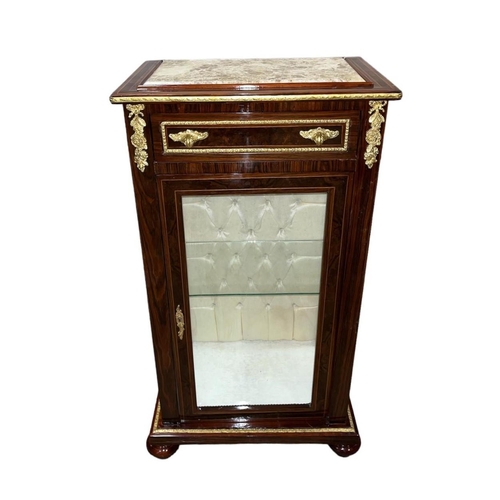 475 - A CONTINENTAL KINGWOOD AND GILT BRASS MOUNTED CHINA DISPLAY CABINET of rectangular outline the shape... 