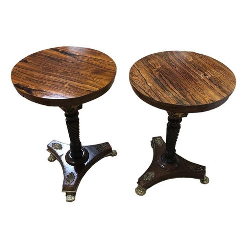 48 - A PAIR OF REGENCY STYLE ROSEWOOD AND BRASS MOUNTED OCCASIONAL TABLES each of circular outline the sh... 