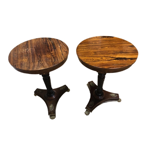 48 - A PAIR OF REGENCY STYLE ROSEWOOD AND BRASS MOUNTED OCCASIONAL TABLES each of circular outline the sh... 