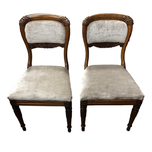 50 - A PAIR OF WILLIAM IV MAHOGANY SIDE CHAIRS each with a carved top rail and splat with upholstered pan... 