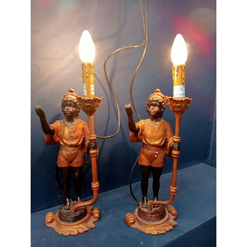 505 - A PAIR OF BLACKAMOOR FIGURAL TABLE LAMPS each shown with a figure standing holding one arm aloft on ... 