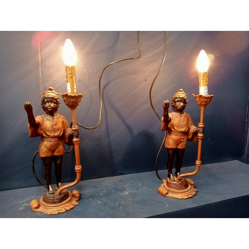 505 - A PAIR OF BLACKAMOOR FIGURAL TABLE LAMPS each shown with a figure standing holding one arm aloft on ... 