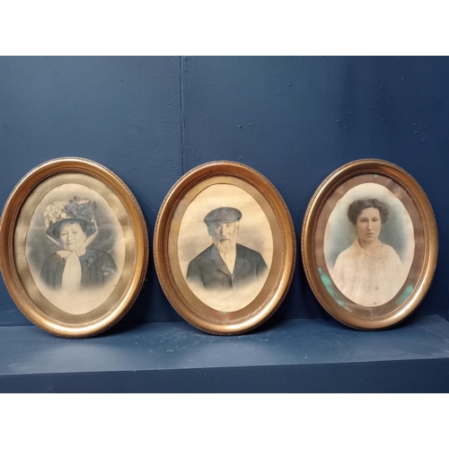 521 - THREE VINTAGE OVAL PORTRAITS in giltwood and gesso frames 59cm (h) x 48cm (w)