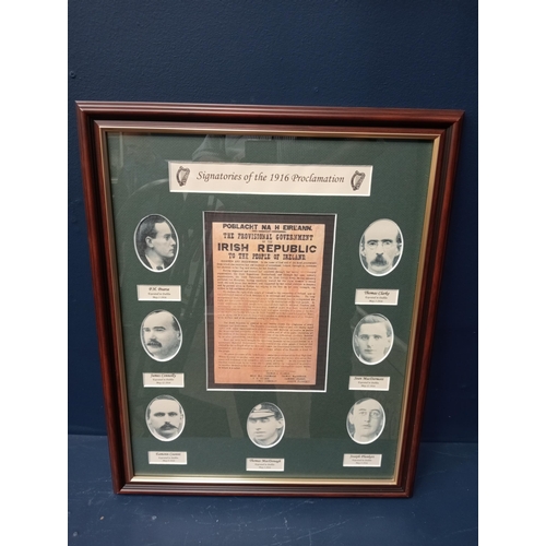 527 - FRAMED PORTRAITS OF THE SIGNATORIES OF THE 1916 PROCLAMATION in a stained wood and gilt frame 57cm (... 