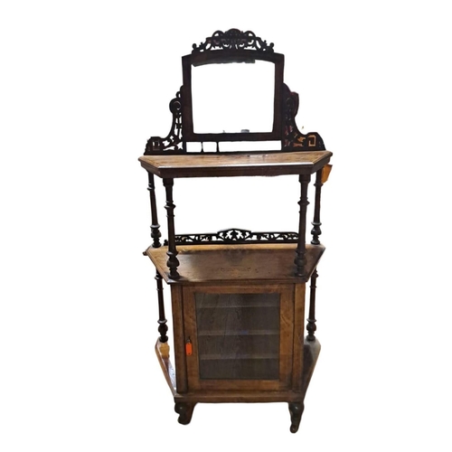 64 - A VICTORIAN WALNUT INLAID WHATNOT / MUSIC CABINET surmounted by a bevelled glass mirror above two op... 