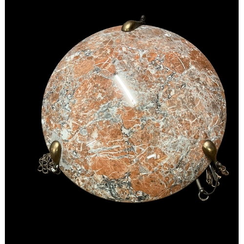 710 - A CONTINENTAL MARBLEISED GLASS DISH SHAPED SHADE with brass mounts hung with tubular rods and link c... 