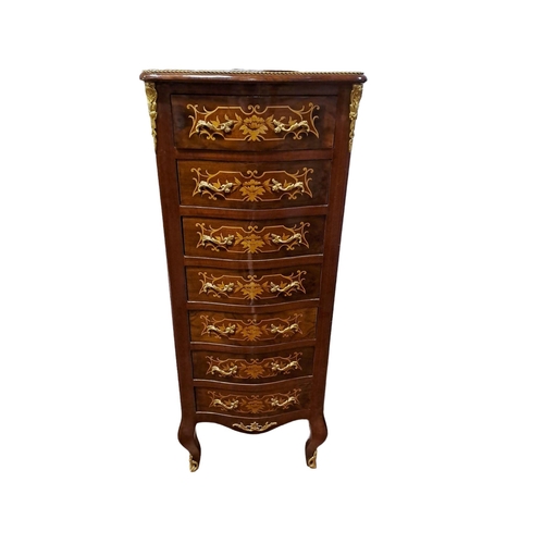 9 - A CONTINENTAL KINGWOOD MARQUETRY AND GILT BRASS MOUNTED TALLBOY of serpentine outline the shaped top... 