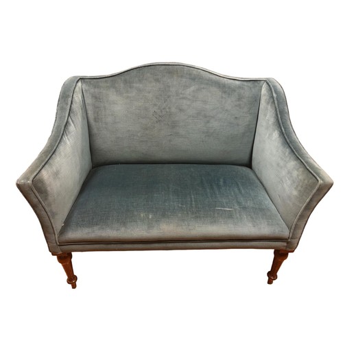 24 - A HEPPLEWHITE STYLE MAHOGANY AND UPHOLSTERED SETTEE the serpentine shaped back with shaped arms and ... 