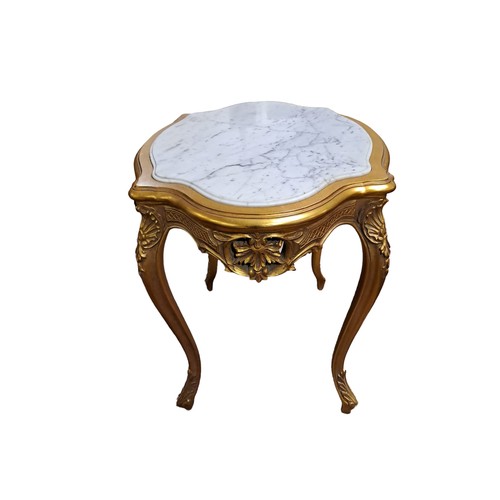 234 - A CONTINENTAL GILTWOOD AND MARBLE CENTRE TABLE of serpentine outline the shaped top with veined marb... 