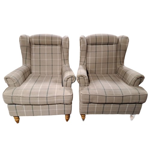 233 - A PAIR OF STAINED WOOD AND UPHOLSTERED WING CHAIRS with scroll over arms and loose cushions on balus... 