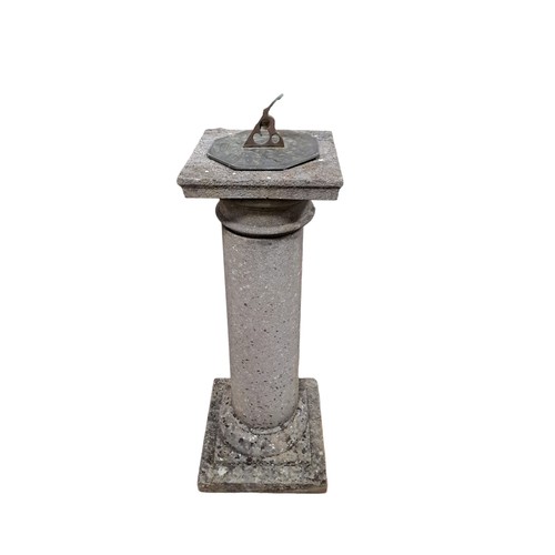 237 - A COMPOSITION STONE SUNDIAL the square moulded top with bronze dial above a cylindrical column on sq... 