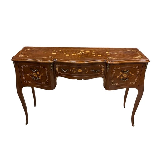 520 - A CONTINENTAL KINGWOOD AND MARQUETRY SIDE TABLE of serpentine outline the shaped top above a frieze ... 