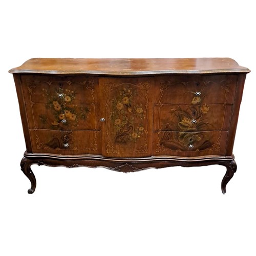 173 - A CONTINENTAL STAINED WOOD AND POLYCHROME CHEST of serpentine outline the shaped top above a cupboar... 