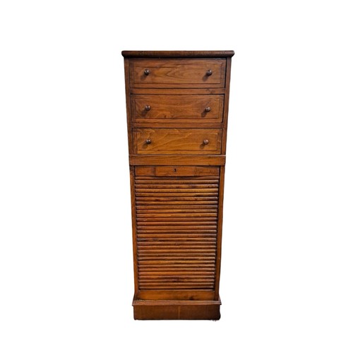 177 - A STAINED WOOD FILING UNIT of rectangular outline the shaped top above three long drawers with tambu... 