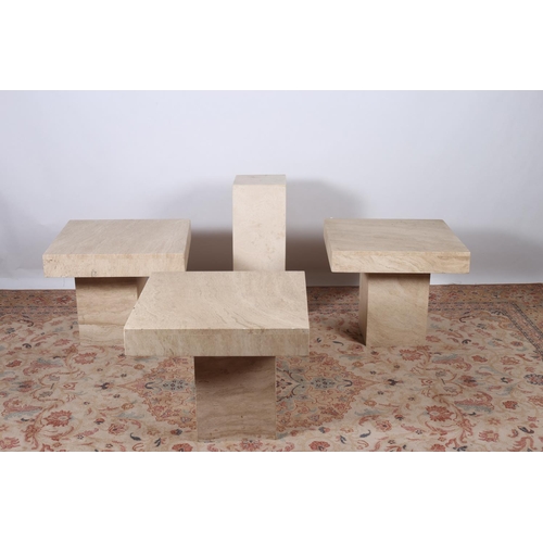 729 - THREE MARBLE PEDESTALS each of square form the shaped top raised on square columns 52cm (h) x 60cm (... 