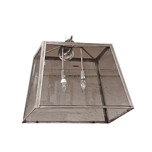 162 - A CHROME THREE LIGHT LANTERN of rectangular form with arched glazed panels 60cm drop x 29cm (w) x 29... 