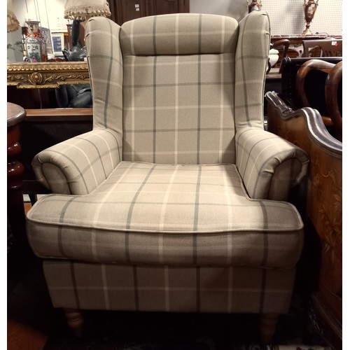 208 - A PAIR OF STAINED WOOD AND UPHOLSTERED WING CHAIRS with scroll over arms and loose cushions on balus... 