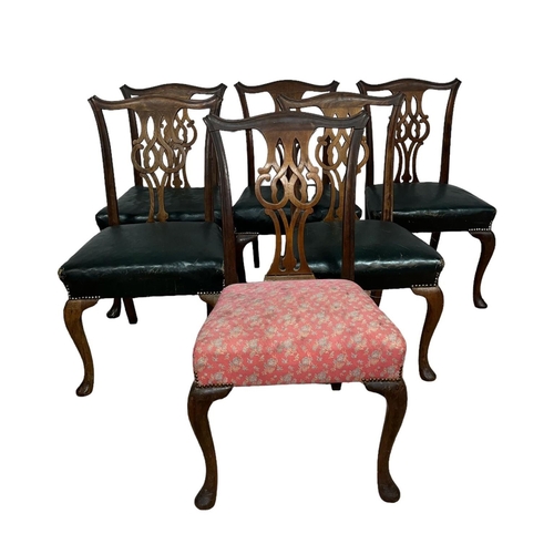 258 - A SET OF SIX GEORGIAN MAHOGANY CHIPPENDALE DINING CHAIRS each with a serpentine scroll top rail with... 