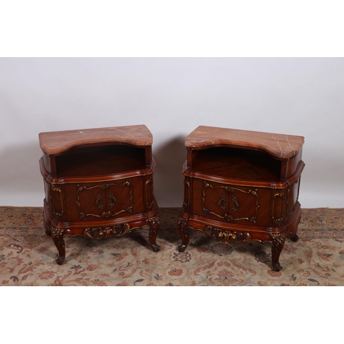 272 - A PAIR OF CONTINENTAL KINGWOOD AND MARBLE CUPBOARDS each surmounted by a veined marble top above an ... 