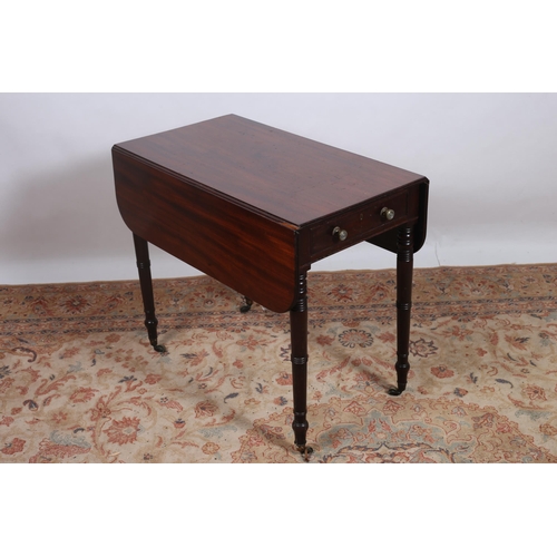 279 - A GEORGIAN MAHOGANY DROP LEAF TABLE the rectangular hinged top above a frieze drawer with opposing m... 