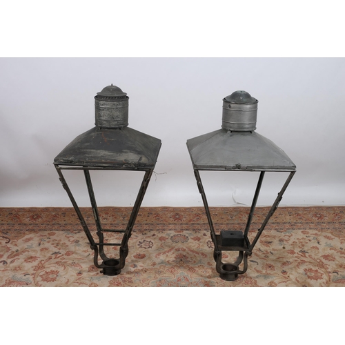 703 - A PAIR OF VINTAGE COPPER AND WHITE METAL LAMP POST LANTERNS each of rectangular tapering form (AF La... 