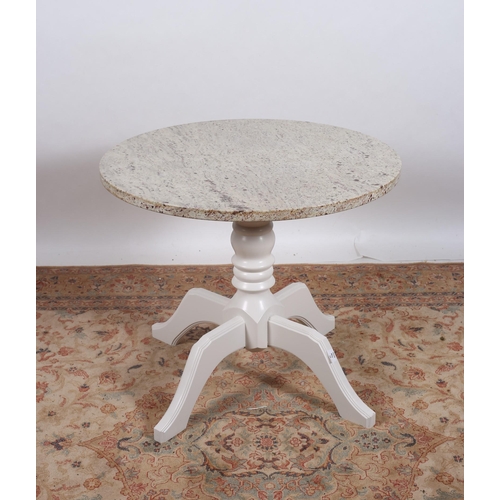 717 - A PINE WHITE PAINTED AND MARBLE TABLE the circular veined marble top above a baluster column on quad... 