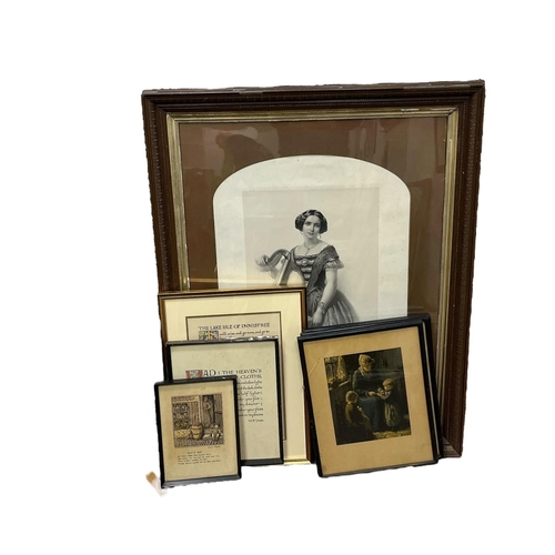 740 - A COLLECTION OF PICTURES together with A WHITE FRAMED MIRROR, A BLACK AND WHITE ENGRAVING The Harpis... 