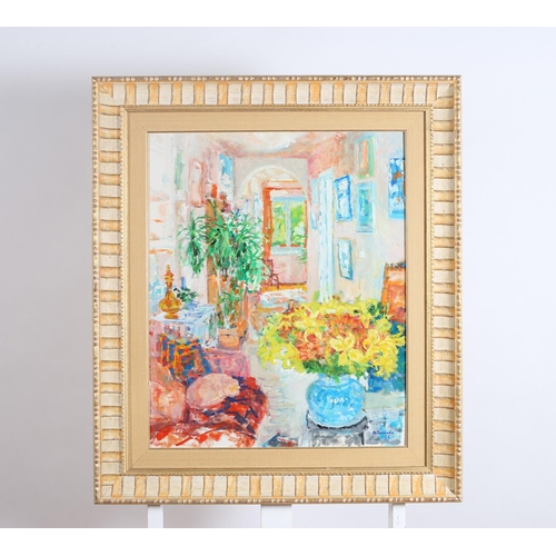 121 - M. MENENDEZ Interior Scene with Floral Studies Oil on canvas Signed lower right, dated ’93 68cm (h) ... 