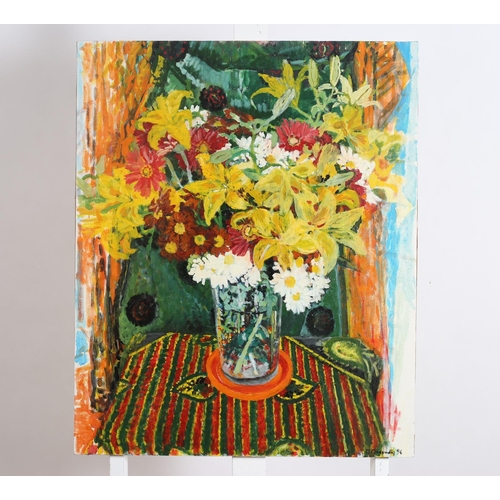 125 - M. MENENDEZ Still Life, Flowers in a Vase on a Table Oil on canvas Signed lower right, dated '96 74c... 