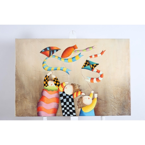 126 - JOYCE ROYBAL Kite Flying Oleograph 63cm (h) x 94cm (w)