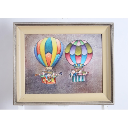 128 - JOYCE ROYBAL Musicians in Hot Air Balloons Oleograph 34cm (h) x 42cm (w)