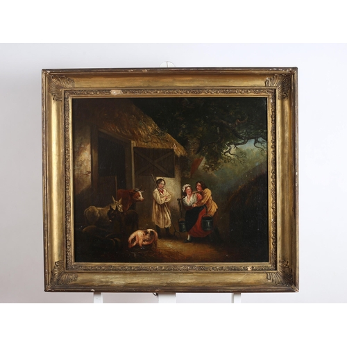 133 - BRITISH SCHOOL, 19TH CENTURY Farmyard Scene with Figures and Cattle Oil on canvas 55cm (h) x 62cm (w... 