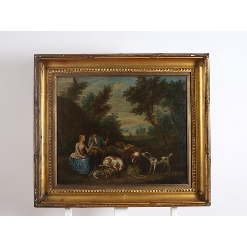 134 - BRITISH SCHOOL, 19TH CENTURY Huntsman and Female with Gun Dogs and Game Oil on canvas 46cm (h) x 56c... 