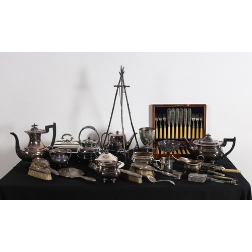 137 - A COLLECTION OF PLATED WARE AND SILVERWARE to include a five piece silver backed dressing table set ... 