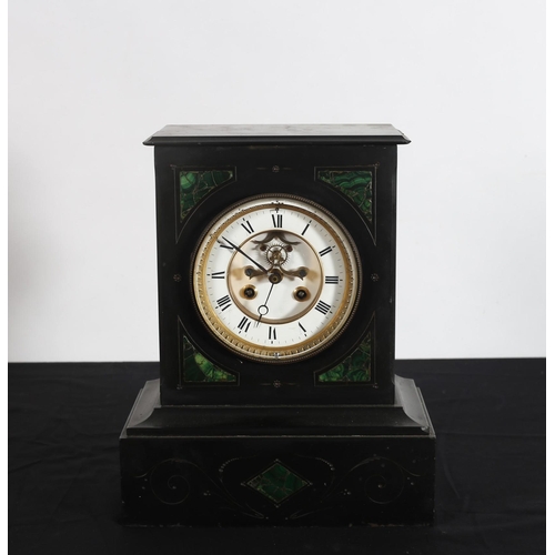 139 - A 19TH CENTURY BLACK MARBLE INLAID MANTEL CLOCK with enamel and brass dial with Roman numerals on pl... 