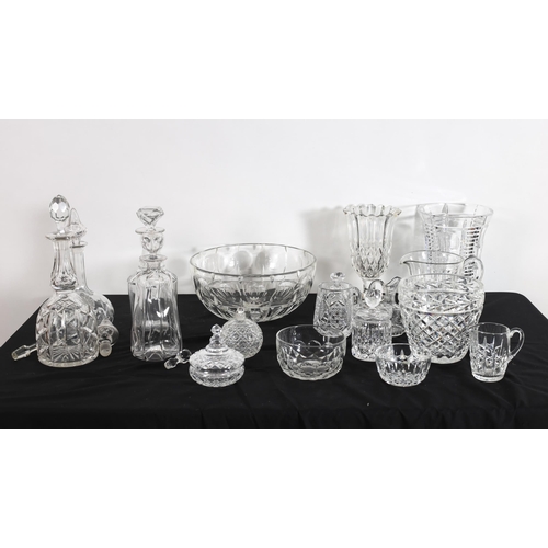 140 - A COLLECTION OF GLASS AND PLATED WARE to include a Waterford cut glass jug, moulded glass decanters,... 