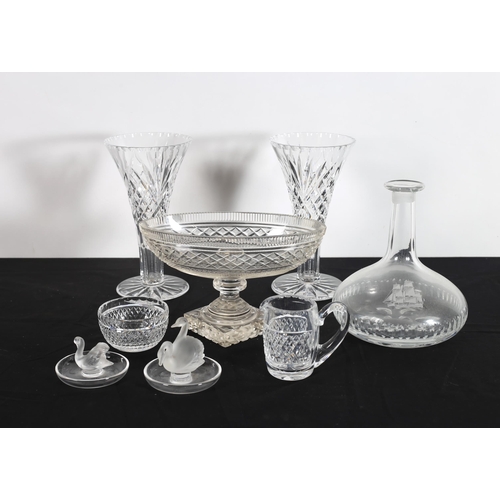 142 - AN EARLY WATERFORD CUT GLASS BOAT SHAPE BOWL, a pair of cut glass vases, an engraved glass ship's de... 