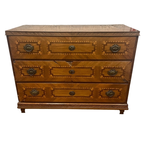 155 - A 19TH CENTURY CONTINENTAL PARQUETRY CHEST with three long graduated drawers with brass ring handles... 