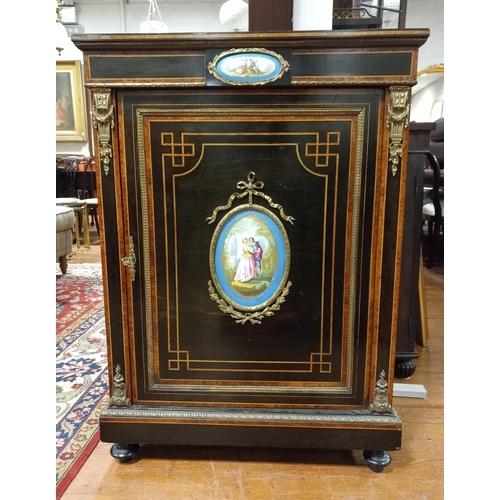 17 - A GOOD 19TH CENTURY EBONISED BURR WALNUT GILT BRASS MOUNTED SIDE CABINET with Sevres painted plaque ... 