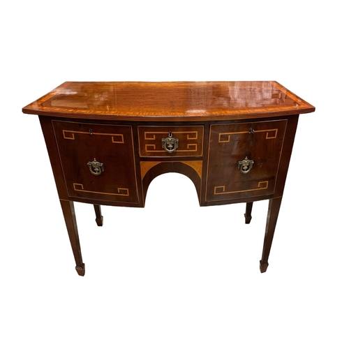 175 - A GEORGIAN MAHOGANY AND SATINWOOD INLAID SIDEBOARD of demi lune outline with frieze drawer and cupbo... 