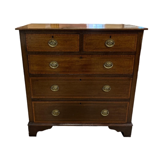 187 - AN EDWARDIAN MAHOGANY AND SATINWOOD INLAID CHEST of two short and three long drawers on bracket feet... 