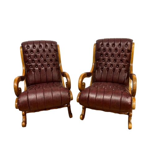 192 - A PAIR OF BEECHWOOD AND BUTTONED UPHOLSTERED ARMCHAIRS with scroll arms and legs